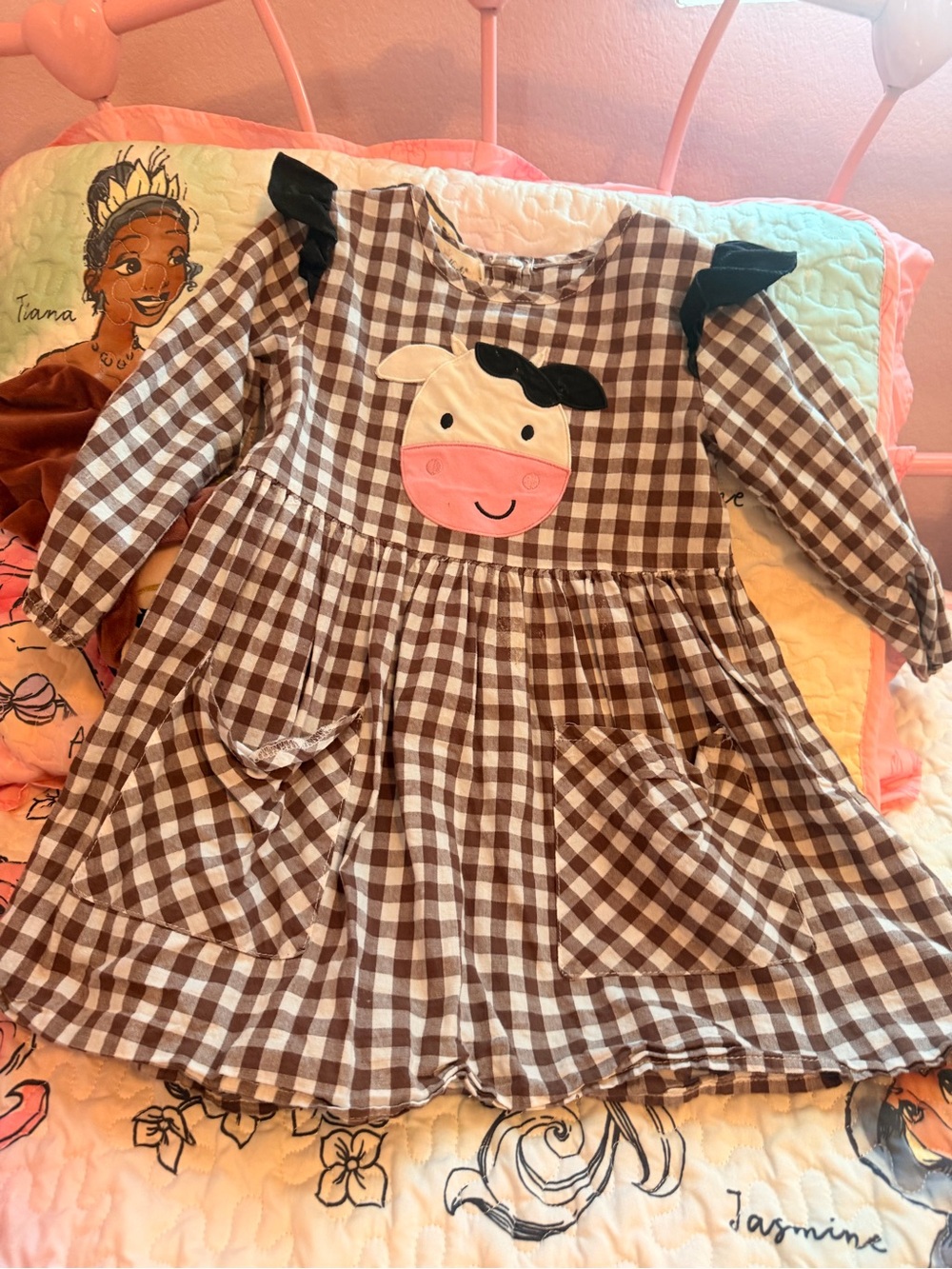 Brown Gingham Cow Applique Girls' Casual Dress